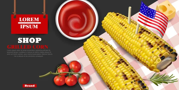 Grilled corn Vector realista. Deliciosos productos de comida rápida. Plantillas detalladas 3d banners — Archivo Imágenes Vectoriales