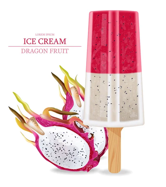 Dragon meyve dondurma vektör gerçekçi. Ürün ambalaj kadar sahte. Tatlı tasarımlar yemek listesi etiket