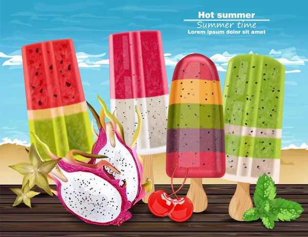 Tropik meyve dondurma sıcak yaz afiş vektör gerçekçi. Kivi, dragon meyve, karpuz tatlar tatlılar