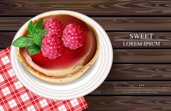 Raspberry κέικ διάνυσμα ρεαλιστική. Γλυκό γευστικό επιδόρπιο σε ξύλινο υπόβαθρο. Πανό πρότυπο μενού — Διανυσματικό Αρχείο