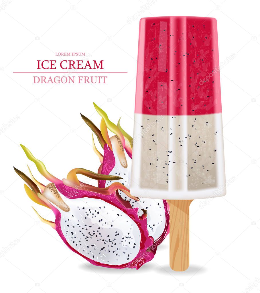 Dragon fruit ice cream Vector realistic. Product packaging mock up. Label menu dessert design