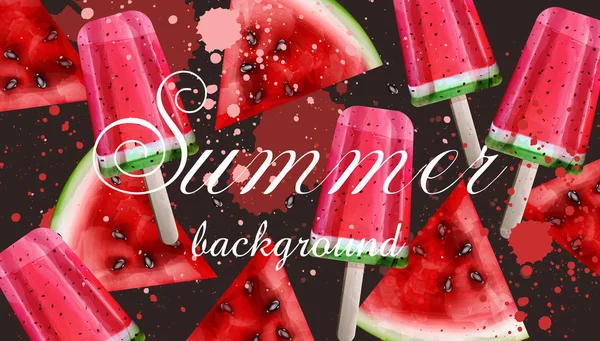Akvarelu zmrzliny a meloun letní pozadí vektor — Stockový vektor