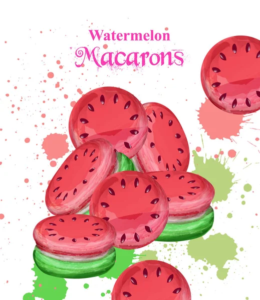 Macarons pastèques dessert vecteur. Illustrations fraîches et colorées faites à la main — Image vectorielle