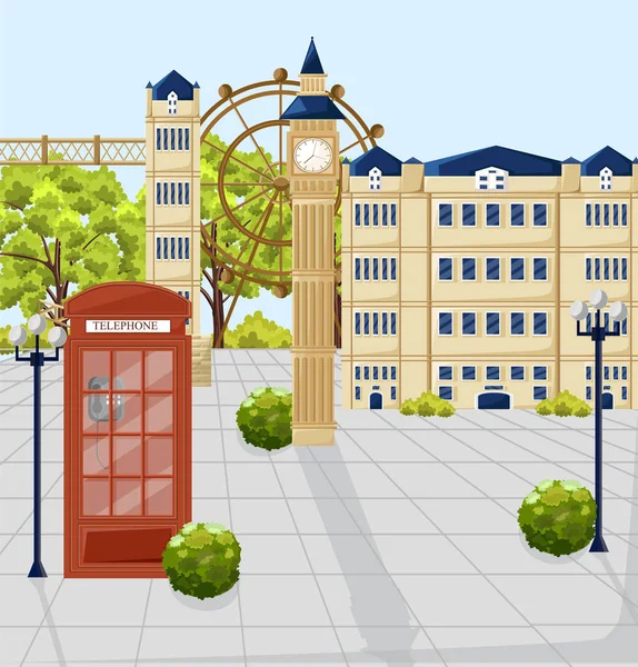 Cabina telefónica roja en London Vector. Fachadas de arquitectura sobre fondo. Atracciones urbanas edificios — Vector de stock