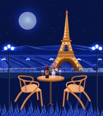 Eyfel Kulesi manzaralı romantik kafe. Paris gece vektör kartı. Güzel arka planlar
