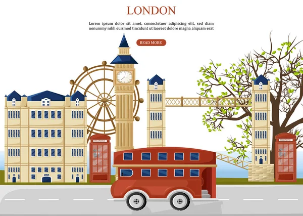 伦敦旅游巴士矢量。建筑门面在背景。城市景点建筑 — 图库矢量图片