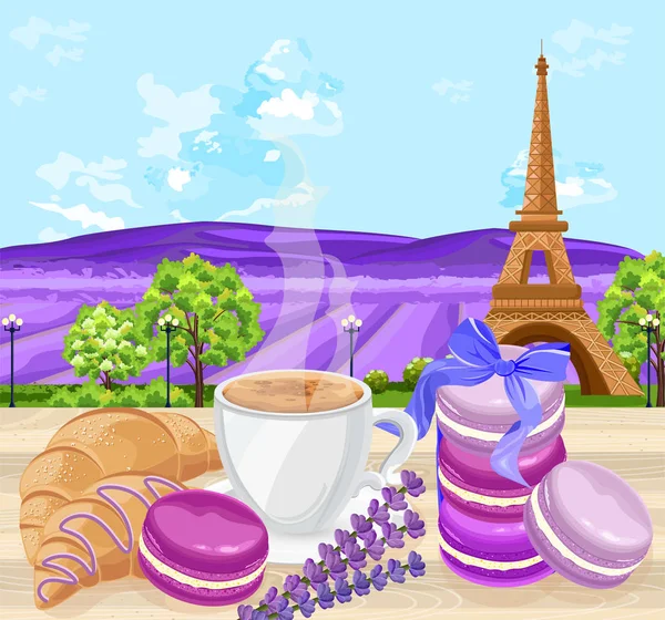 Kruvasan ve macaroons kahve geleneksel tatlılar vektör Fransız. Lavanta alanları ve Eyfel Kulesi arka planlar — Stok Vektör
