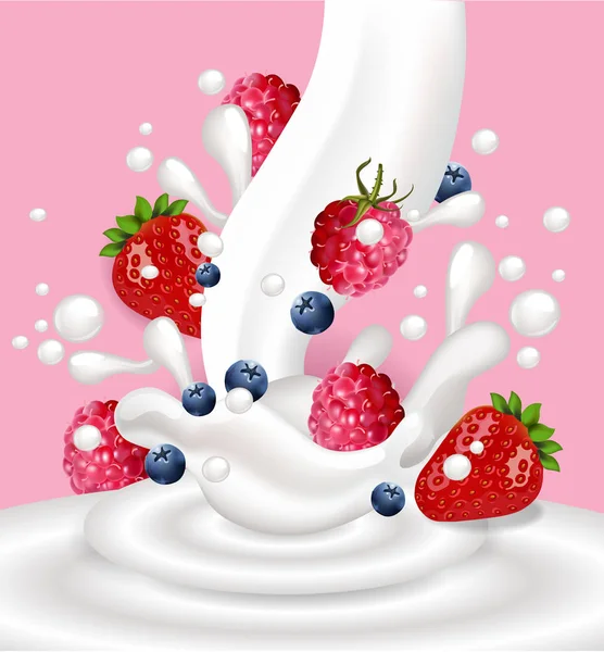 Salpicadura de leche o yogur con frutas de bayas Vector realista sobre fondos rosados — Archivo Imágenes Vectoriales