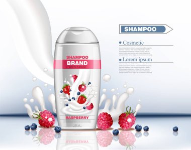 Berry meyve vektör gerçekçi kozmetik şampuan. Ürün ambalaj kadar sahte. Süt sıçrama yaban mersini ve ahududu arka plan ile. 3D çizimler