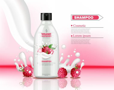 Berry meyve vektör gerçekçi kozmetik şampuan. Ürün ambalaj kadar sahte. Süt sıçrama yaban mersini ve ahududu arka plan ile. 3D çizimler