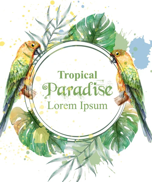 Tropický ráj rám s papoušky a palmového listí akvarel vektorové ilustrace — Stockový vektor