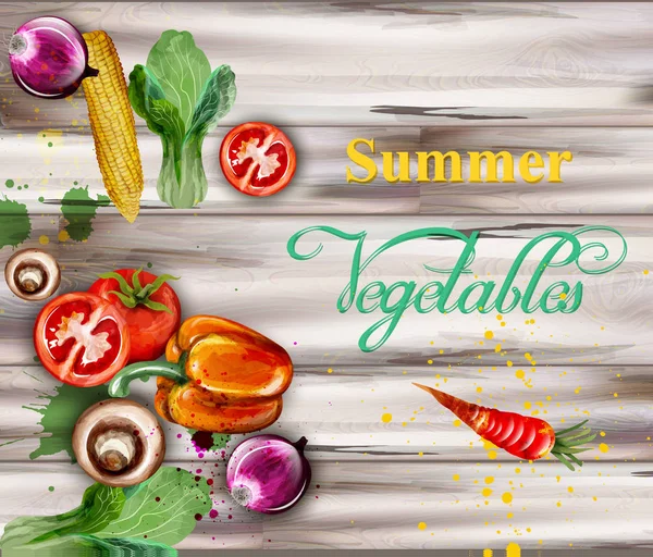Akvarell grönsaker på trä bakgrund vektor. Läckra tomater, paprika, champinjoner och bladspenat — Stock vektor