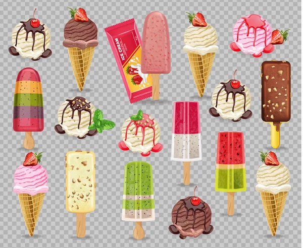 Ice cream set collection Vector realistic. Fruits, vanilla and chocolate flavors. Detailed 3d illustrations — Stock Vector