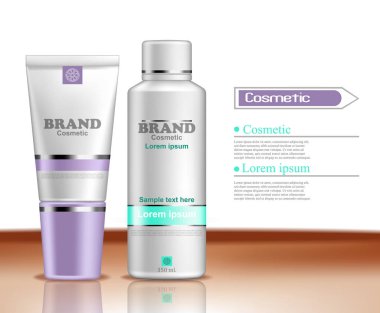 Hidrasyon Kozmetik Şişeler vektör gerçekçi. Ürün ambalaj kadar sahte. Lavanta ve turqouise renkleri