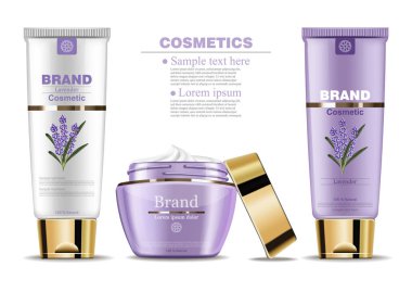 Lavanta kremi kozmetik koleksiyonu vektör sahte kadar ayarla. Gerçekçi ürün ambalaj etiket tasarımları. Losyon, facecream ve handcream izole