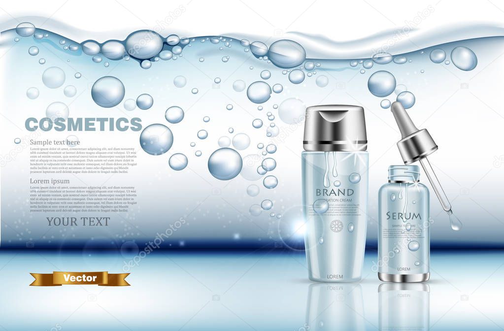 Realistic water serum and lotion set Vector. Product packaging mock up. Blue silver bottles. Underwater splash backgrounds