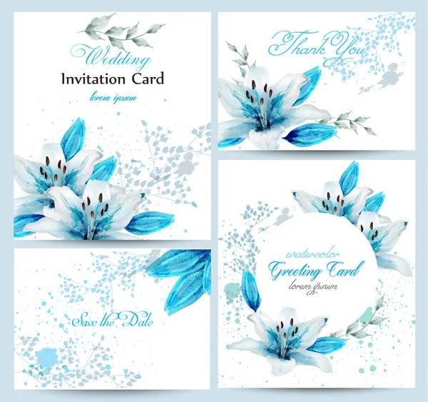 Blaue Lilie Aquarell Blume Blüte Karte Set Vektor. Vintage-Grußplakat, Hochzeitseinladung, Danke-Postkarte. Sommer Blumenschmuck Sträuße — Stockvektor