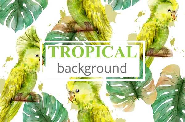 Paradis tropical avec aquarelle perroquets et feuilles de palmier carte fond vectoriel — Image vectorielle