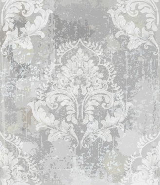 Barok klasik damask deseni süs vektör. Kraliyet kumaş arka plan. Lüks dekorlar gri renk. Eski kağıt stilleri