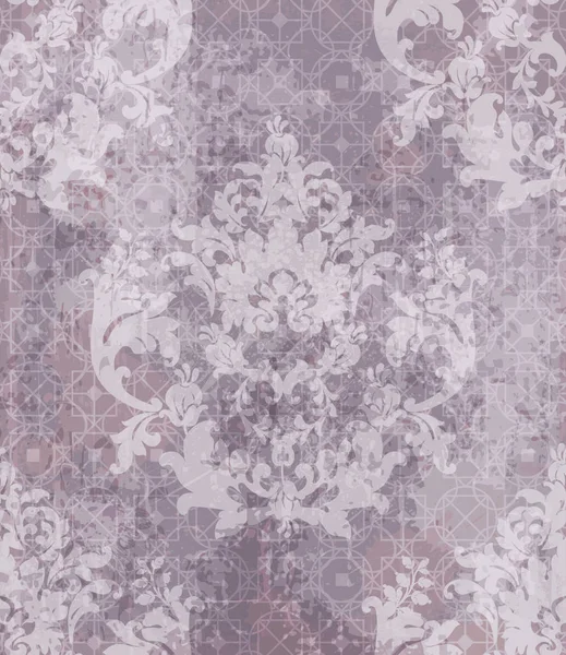 Barock klassisches Damastmuster Ornament Vektor. königlicher Stoffhintergrund. Luxusdekore Lavendelfarbe mit alten Flecken — Stockvektor