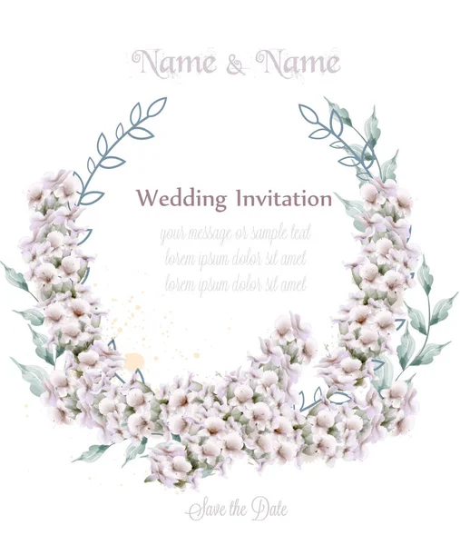 Γαμήλιο στεφάνι λευκό λεβάντας ακουαρέλα διάνυσμα. Όμορφη floral διακόσμηση κάρτες — Διανυσματικό Αρχείο