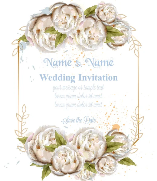 Esküvői meghívó akvarell fehér pünkösdi rózsa kártya vektor. Szép virág dekor — Stock Vector