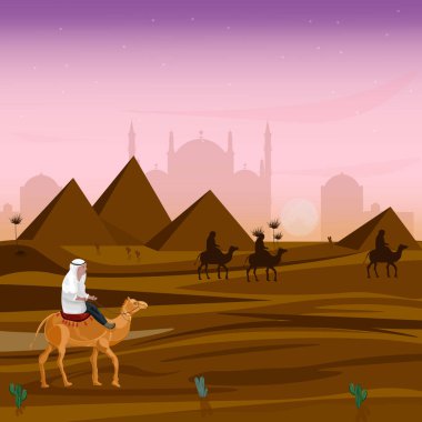 Gün batımında deve Mısır çölünde vektör adam. Seyahat kartı karikatür çizimler