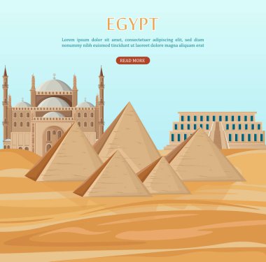 Mısır piramitleri arka plan vektör kartı. Çöl görünümü ve cami mimarisi poster şablonları