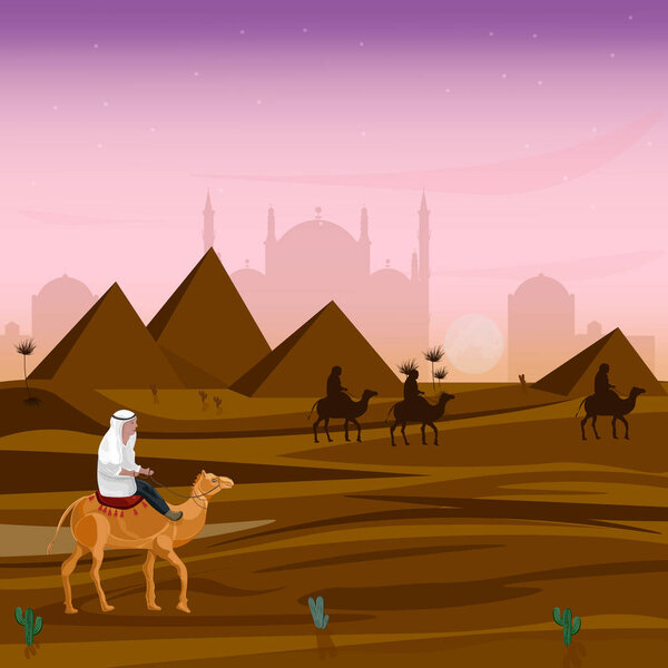 Человек на верблюде на закате в египетской пустыне Вектор. Картинные иллюстрации

