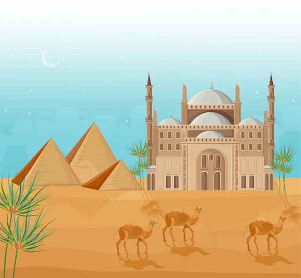 Egipto pirámides tarjeta fondo Vector. Plantillas de póster de arquitectura de mezquita y vista al desierto — Vector de stock