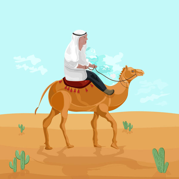 Man riding on a camel in Egypt desert Vector. Travel card cartoon character illustrations