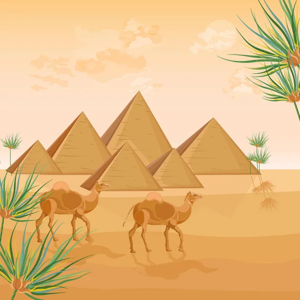 Egipto pirámides tarjeta fondo Vector. Plantillas de póster vista desierto — Vector de stock