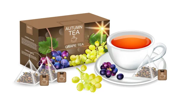 Виноградний чай Вектор реалістичний. Упаковка продуктів глузує. Чашка чаю і чайних пакетів детальні 3d ілюстрації — стоковий вектор
