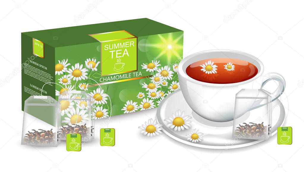 Chamomile tea Vector realistic. Product packaging mock up. Cup of tea and tea bags detailed 3d illustrations
