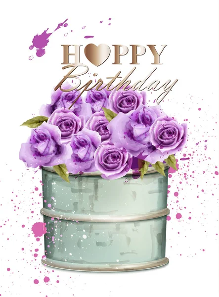 水彩紫バラ ベクトルと誕生日カード。フローラル ブーケ招待または日付テンプレートを保存します。美しい背景 — ストックベクタ
