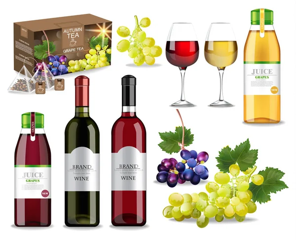 Uvas bebidas coleção set com vinho, suco e chá Vector realista. Embalagem do produto mock up. Desenho de etiquetas detalhadas ilustrações 3d —  Vetores de Stock