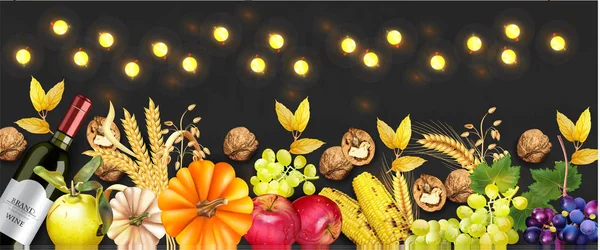 Осенний урожай богатый баннер Вектор реалистичный. Тыква, кукуруза, виноград, вино, грецкие орехи. Детальный 3D дизайн. темный фон с огнями — стоковый вектор