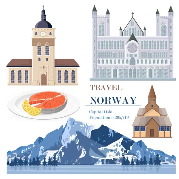 Norway set collection with salmon, architecture and landscape Vector — Stock Vector