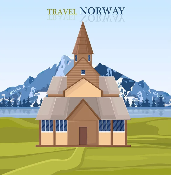 Podróż do Norwegii pocztówka z architektury i górski krajobraz wektor — Wektor stockowy