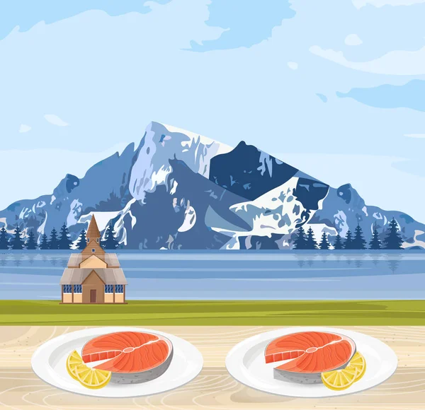 อาหารแซลมอน อาหารแห่งชาติของนอร์เวย์ และภูมิทัศน์ภูเขา เวกเตอร์ — ภาพเวกเตอร์สต็อก