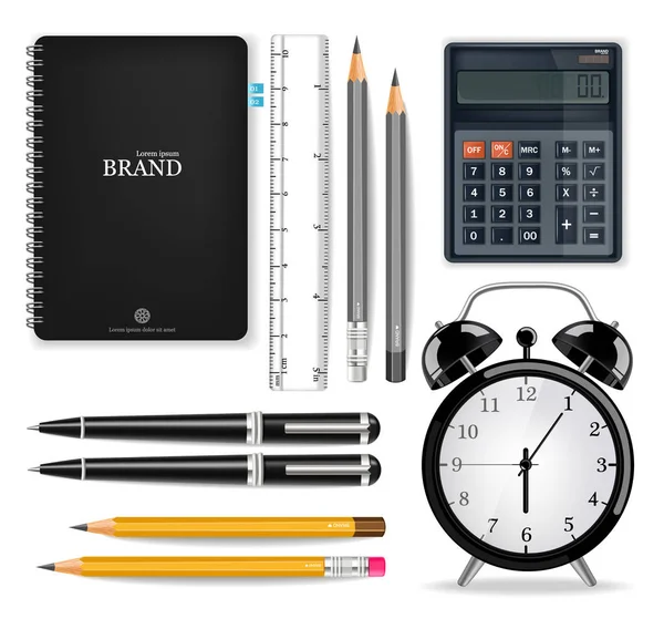 Materiales de oficina Vector realista. Reloj despertador, calculadora, notebook y pen tools. Ilustraciones detalladas 3d — Vector de stock