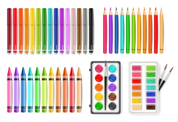 Colorful pen, marker and watercolor palette tools set Vector realistics — Stock Vector