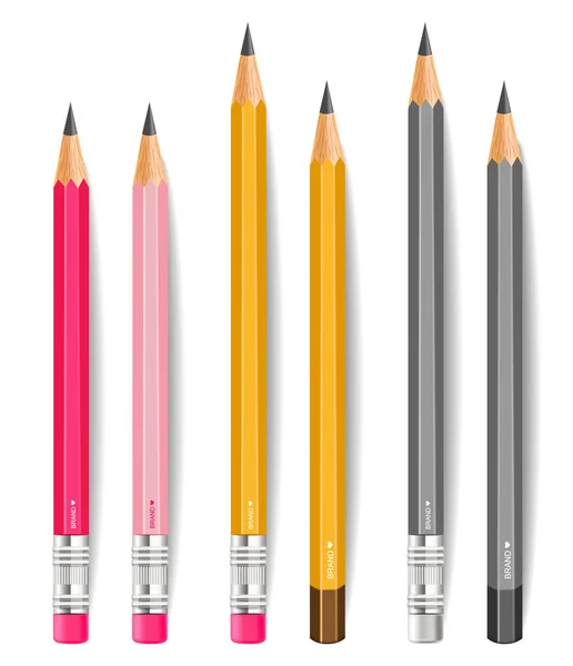 Vektor tužky, realistické. Psaní nebo kreslení nástrojů izolovaných na bílém pozadí. 3D detailní ilustrace — Stockový vektor