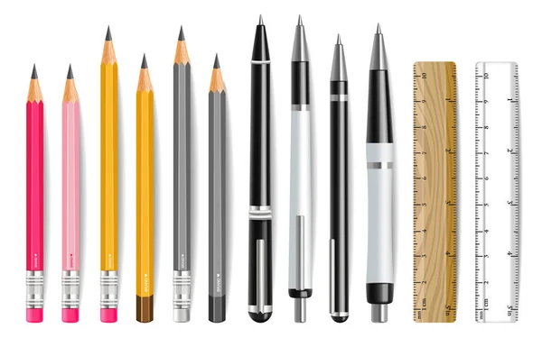 Stift, Bleistift und Lineal Vektor realistisches Set. 3D detaillierte Abbildungen — Stockvektor