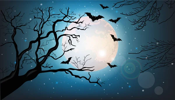 Ramas de árboles silueta y murciélagos volando por la noche Vector. Luna llena. Conceptos de Halloween — Vector de stock