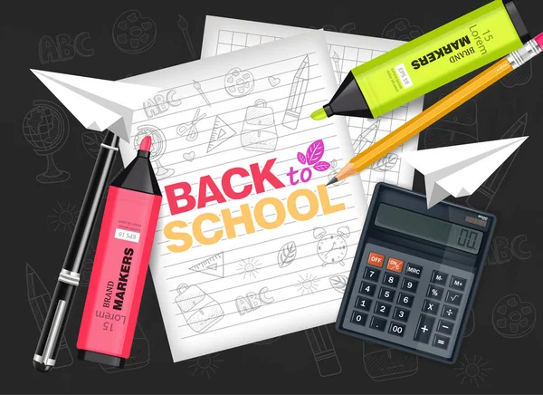 Back to School supplies Vector realistic. Calculator, note book, markers and pencil. Detailed 3d illustration — Stock Vector