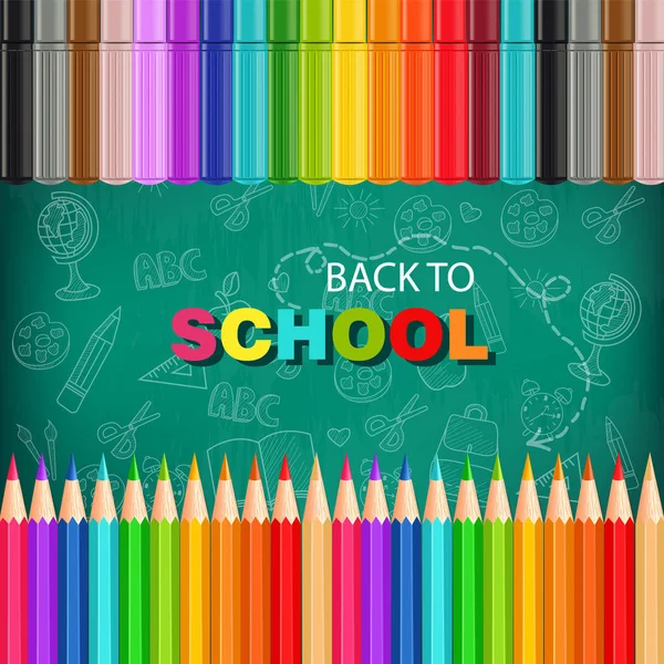 Volver a la tarjeta de la escuela con lápices de colores y marcadores Vector realista. Fondos de pizarra — Archivo Imágenes Vectoriales