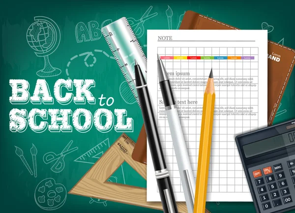 Back to school tools Vector realistic. Notes, calculator, pencils. Chalk board background. Detailed 3d illustrations — Stock Vector
