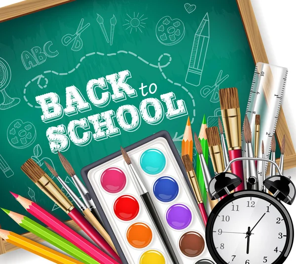 Back to school card with drawing tools, pencils and watercolor palette Vector realistic. Chalk board background. Detailed 3d illustrations — Stock Vector