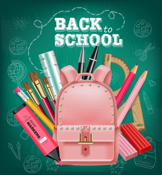 Pink satchel back to school card Vector realistic. Chalk board background. Detailed 3d illustrations — Stock Vector